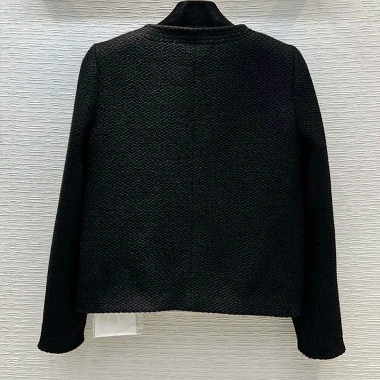 

Женское твидовое пальто с длинным рукавом, черное Шерстяное приталенное пальто с круглым вырезом и объемным вырезом, весна 2022