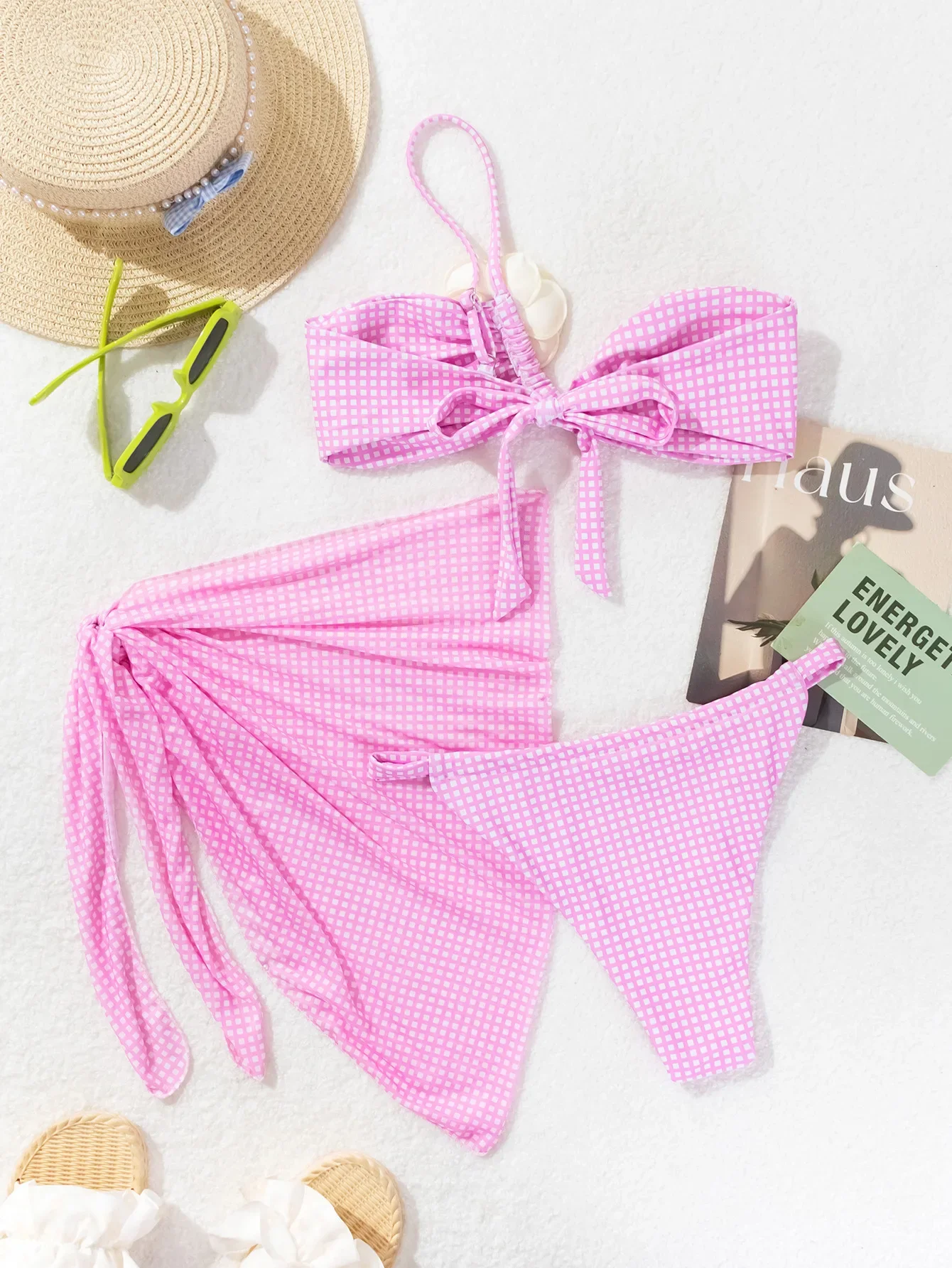 Сексуальные комплекты бикини-бандо в розовую клетку с 3D цветком комплект из 3