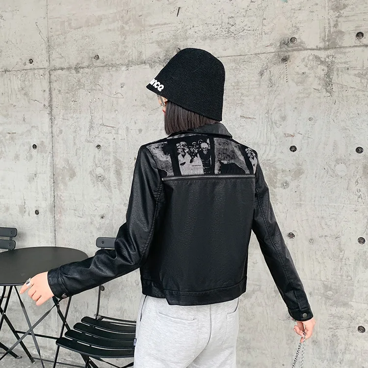 Slim Korean Short Leather Coat Women 2022 Autumn Denim Splicing Lapel Wash Leather Clothing Women Wholesale Cool Girl Gothic