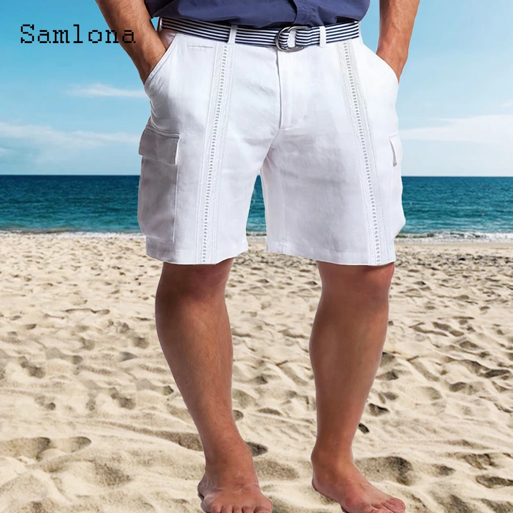 

Мужские элегантные модные льняные шорты 2023, однотонные белые брюки длиной до колен, мужские повседневные пляжные шорты 3xl с карманами-стойкой