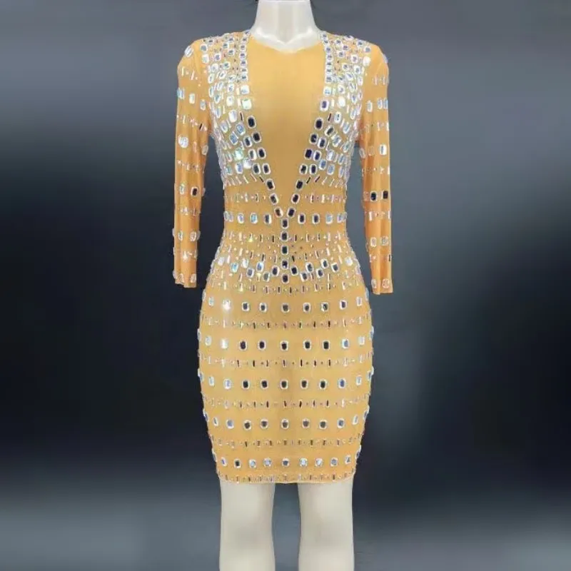 

Новинка 2020, дизайнерское женское облегающее мини-платье с длинным рукавом и большим кристаллом желтого цвета, модное вечернее праздничное платье, платье