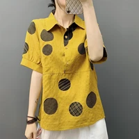 korean fashion dot spliced half open collar pullovers blouse woman 2022 new casual all match short sleeve loose oversized shirts