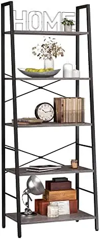 

Bookshelf, Ladder Shelf 5-Tier Bookcase for Bedroom, Industrial Book Shelves Storage with Metal Frame for Home Office, Rustic B
