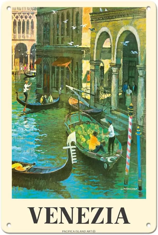 fc slnd rt Vence (Venez) tly - Venetn ls Vntge Trvel Плакат от Lous Mcoullrd c.1950s 8 x 12 nch Metl Tn Sgn
