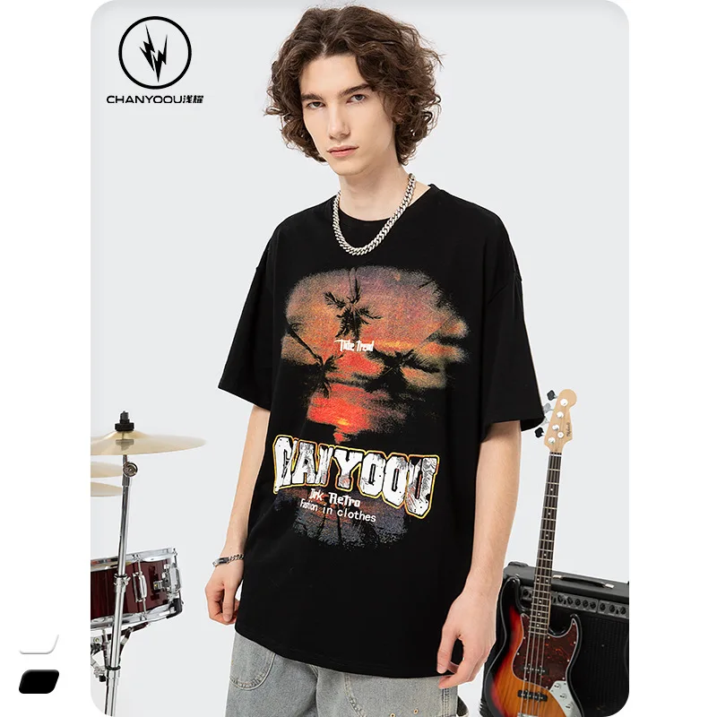 

Хлопковый пуловер с высоким воротником, Мужская футболка с коротким рукавом и закатом, американская свободная уличная футболка в стиле хип-...