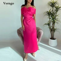 verngo hot pink silk satin evening party dresses strapless short sleeves straight arabic women formal prom gowns ankle length