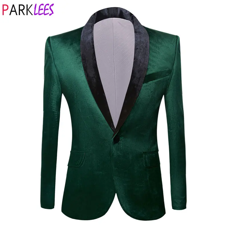 Mens Green Fashion Velvet Suit Jacket Slim Fit Shawl Collar One Button Dress Blazers Mens Wedding Dinner Party Costume Homme 3XL
