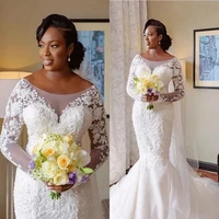 angelsbridep african mermaid wedding dresses scoop neck long sleeves appliques lace bridal gowns sweep train bridal gowns hot