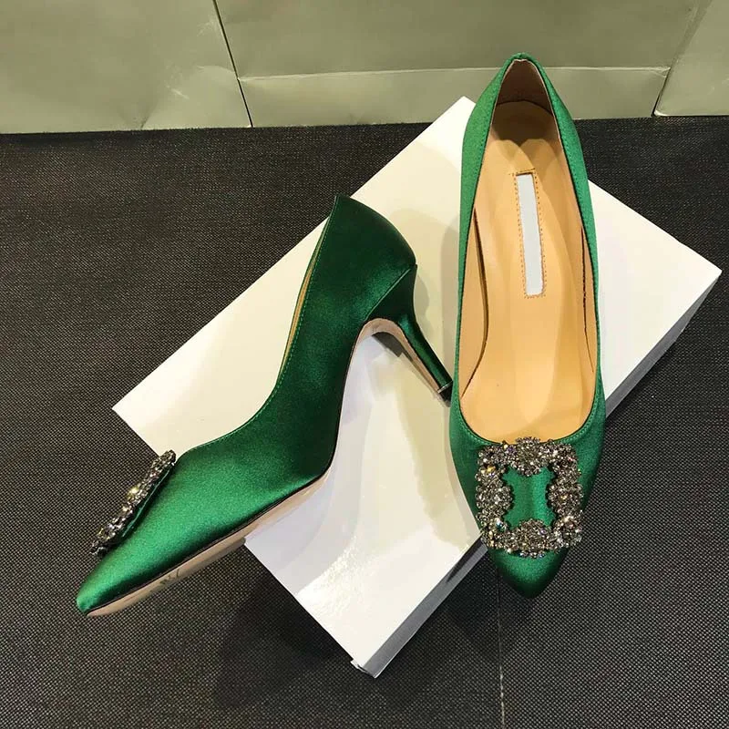 Satin Shoes Toe Pointed Toe Medium Heel Stiletto Square Buckle Women's Shoes Green