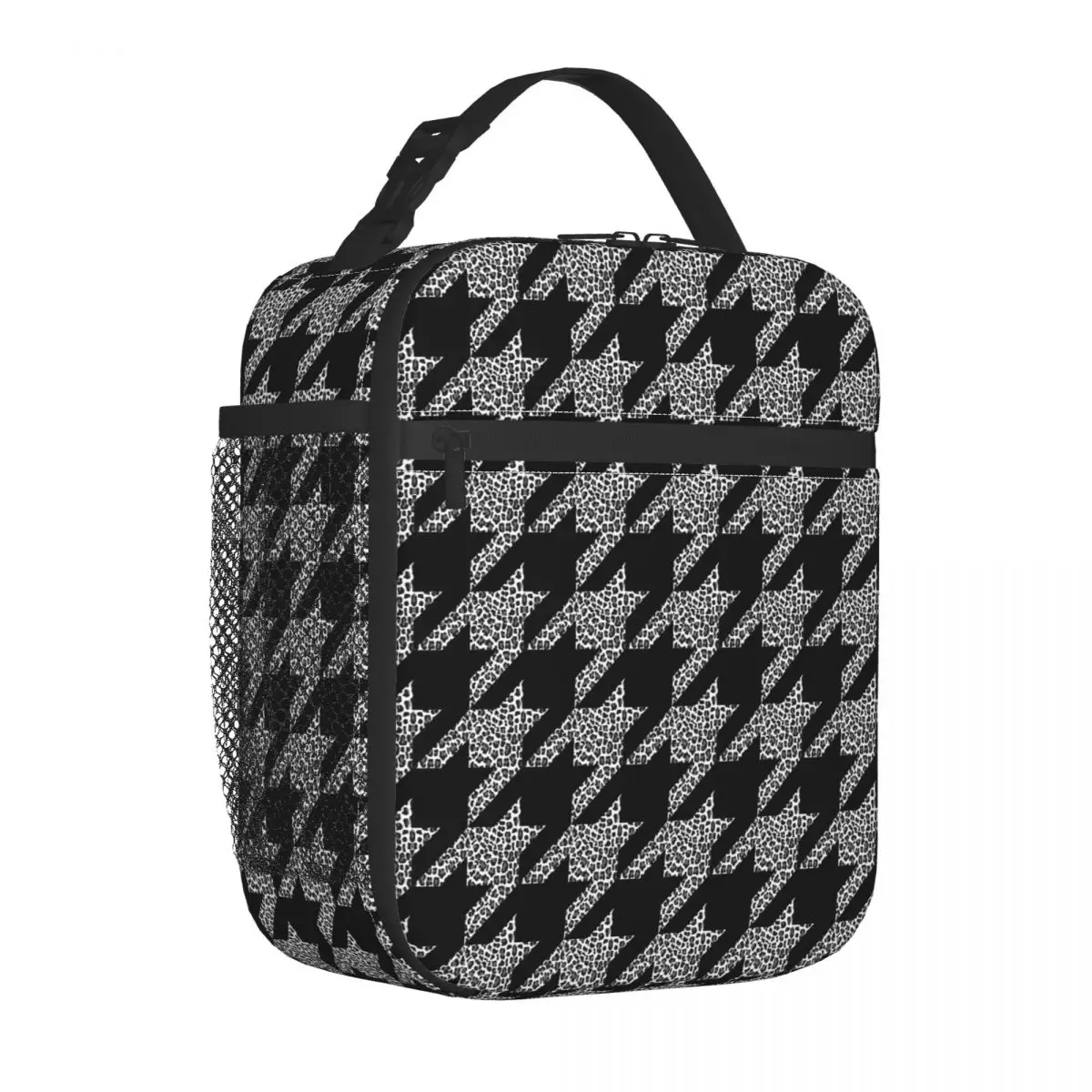 

Black Houndstooth Lunch Bag with Handle Cheetah Print Beach Mesh Pocket Cooler Bag Zipper Meal Modern Thermal Bag