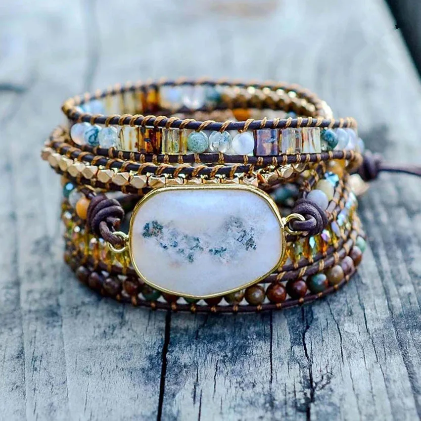 Creative Natural Crystal Cave Stone Gems Bead Boho 5X Wrap Rope Wristband Hand Woven Bracelet Popular Accessories Jewelry