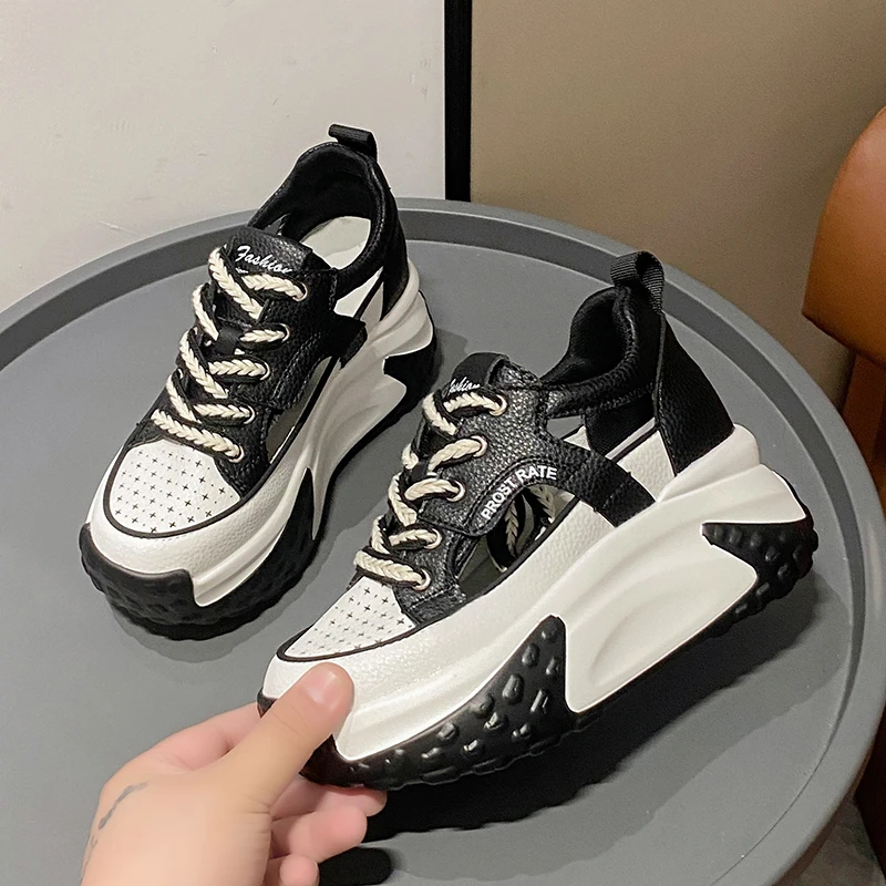 Women Lace-up Chunky Sneakers Platform Wedge Comfort Sports Shoes Fashion 6CM Leather Breathable New Summer Hollow Leisure Shoes