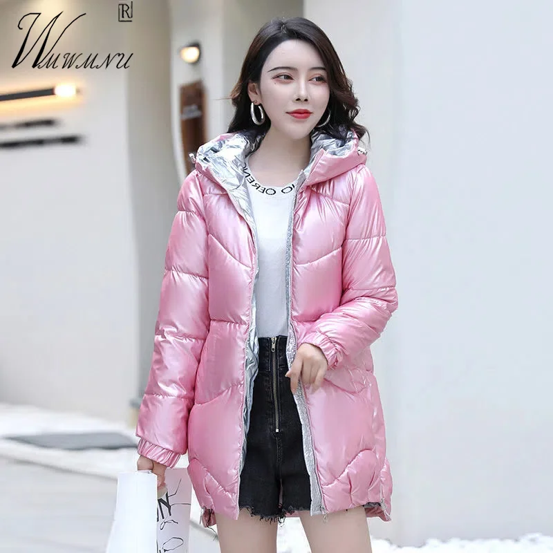 

Trend Glossy Hooded Cotton Jackets Women Oversize 4xl Padded Winter Parkas Fashion Zipper Windbreak Warm Chaquetas Mid Length