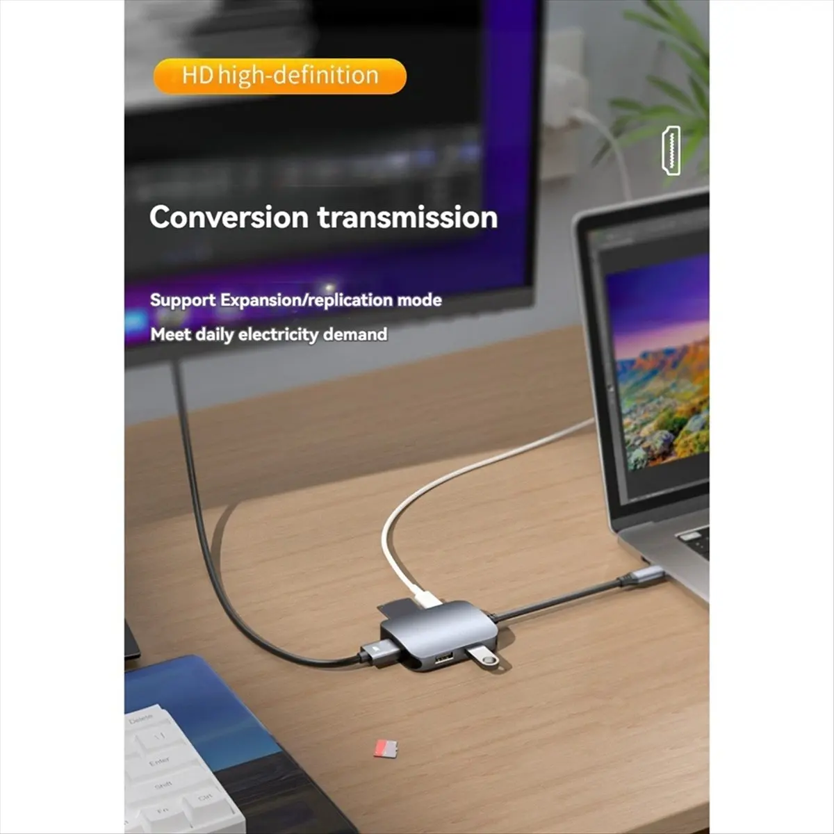 Фото Многофункциональный USB-C хаб 6-в-1: адаптер Type-C 3.0 с HDMI, SD/TF-картами, быстрой зарядкой PD и USB-док-станцией №2