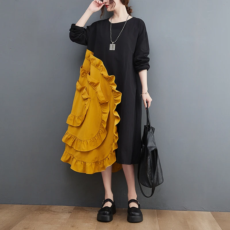 

SuperAen 2022 Spring New Fashion Pullover Ruffled Patchwork Loose Casual O-Neck A-LINE Mid-Calf Dress for Women