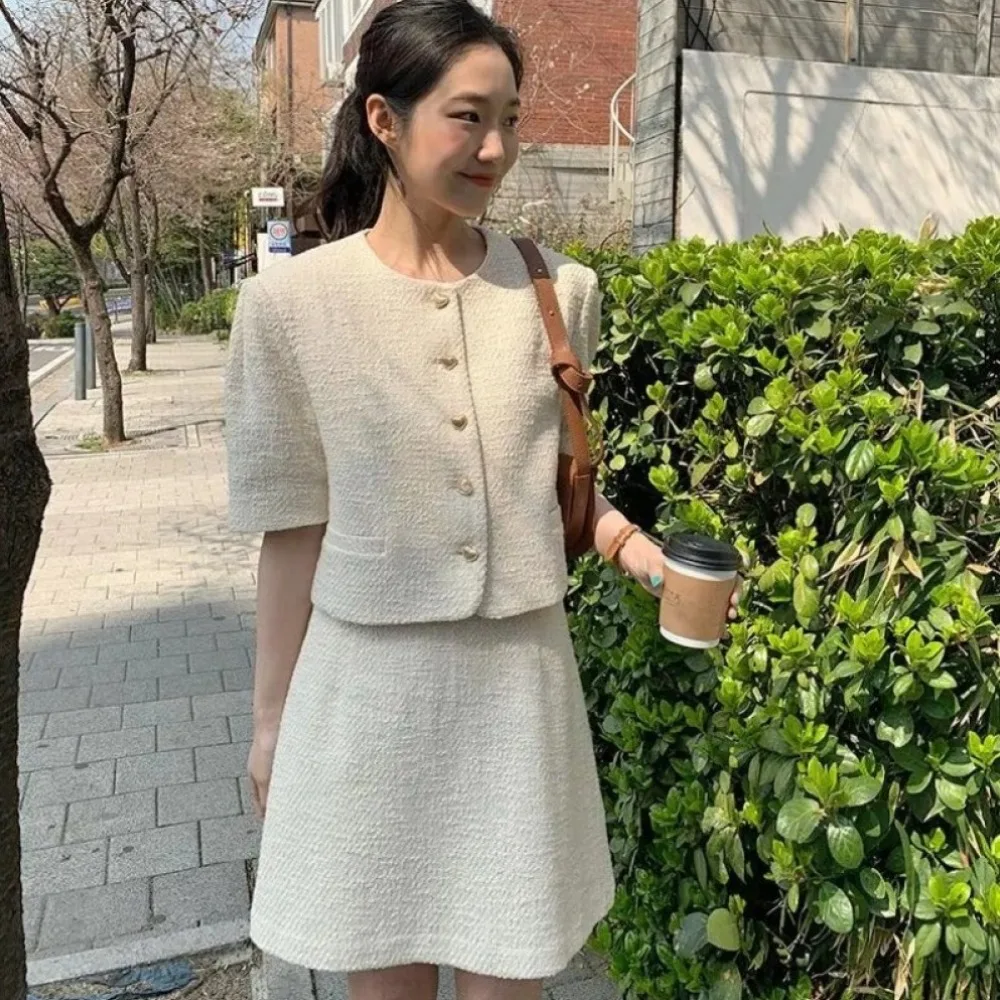 Женский твидовый костюм с юбкой комплект из двух предметов тонкий однобортный