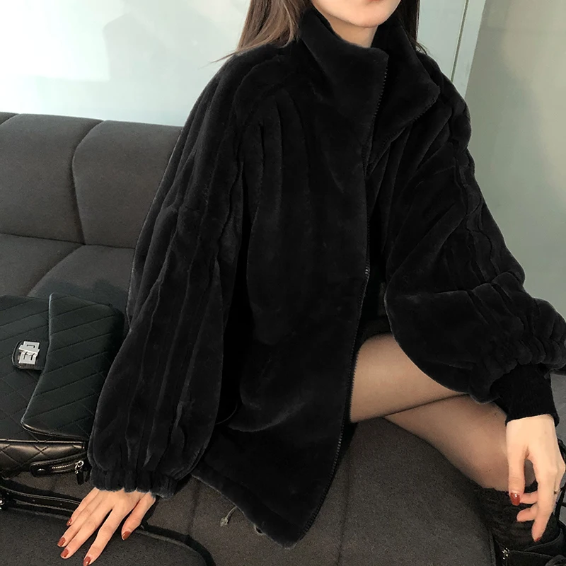 Winter Black Faux Fur Jacket Women's Long-sleeved Stand-up Collar Plus Velvet Thickening Fashion New Style 2021 Women's Clothing