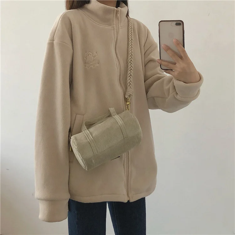 

Women Solid Winter Fleece Hoodies Winter Harajuku Y2K Zip Up Loose Jackets High Street Retro Long Sleeve Hooded Sweatshirts