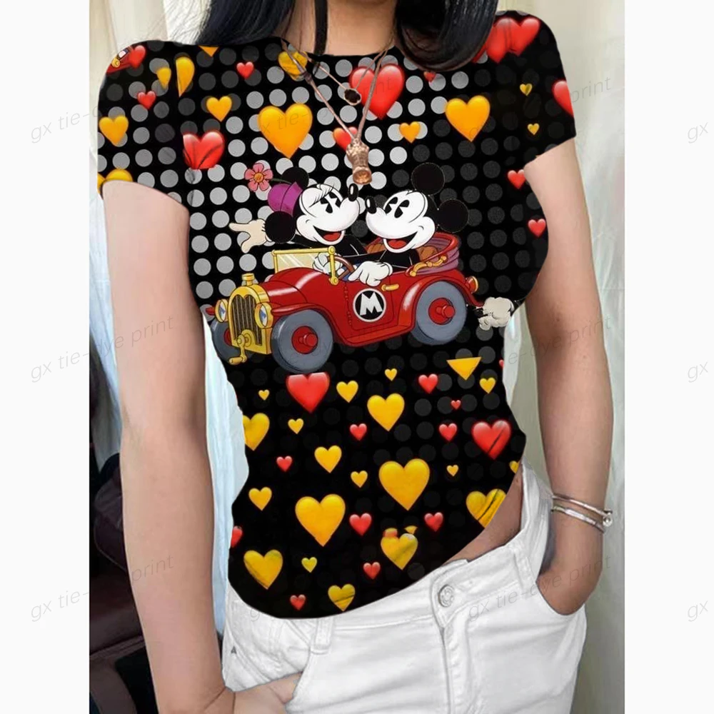 

New Women's T-shirt Summer Disney Minnie Mickey Mouse Casual Elasticity Short-sleeve o-neck Slim Bottom T-shirt Girl's Tops Tees