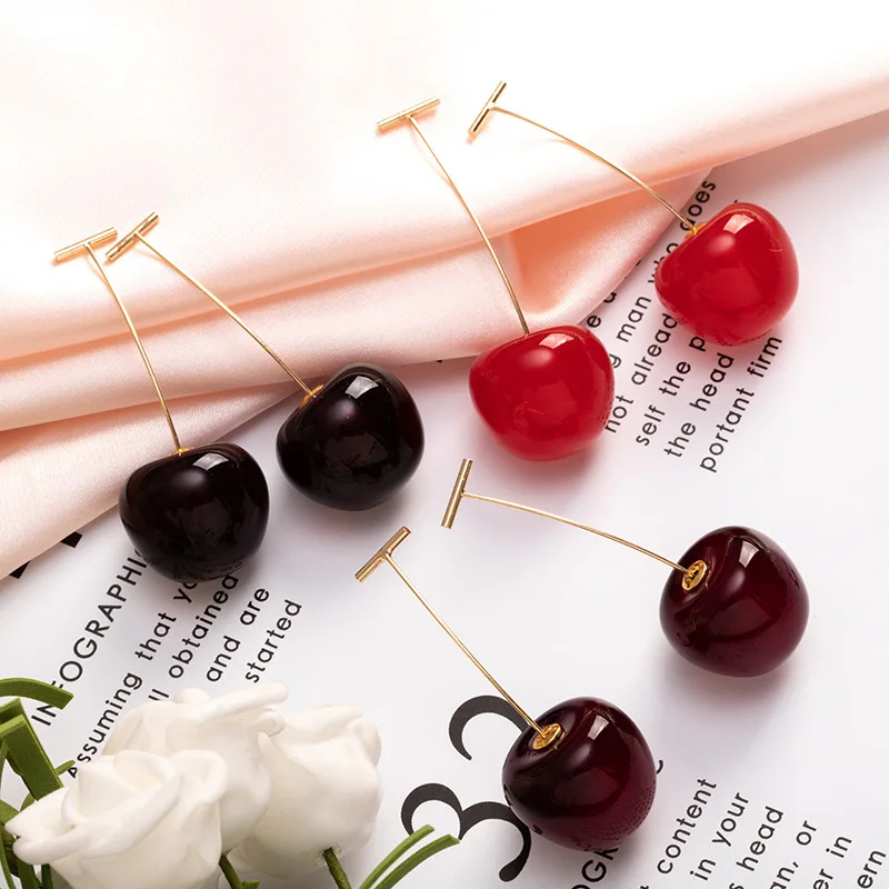 

PTQASP New Cute Simulation Red Cherry earrings Sweet Resin Hot Sale For Women Girl Student Fruit 1Pair Earring Gift