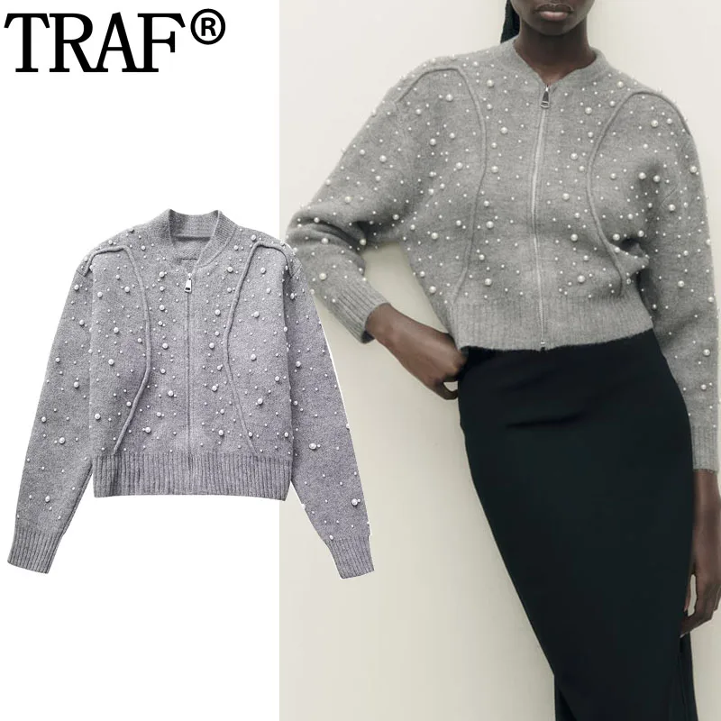 

TRAF Knit Cropped Jacket For Women Faux Pearls Grey Bomber Jackets Streetwear Zip Up Winter Jacket Woman Long Sleeve Short Coats