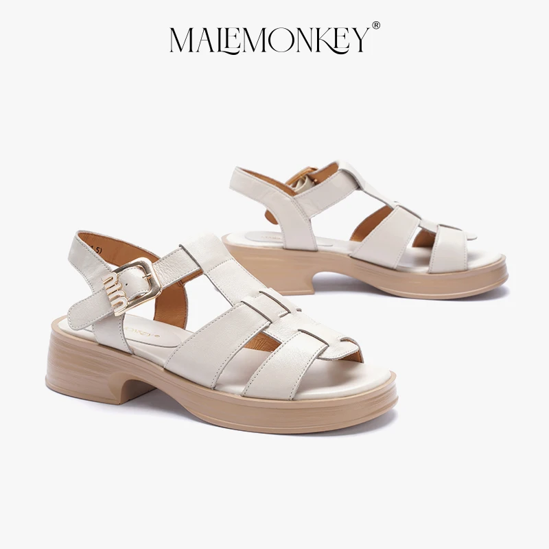 High Quality Platform Roman Sandals Women Leather 2023 Summer Retro Non-slip Sandals Round Toe Chunky Heel Female Shoes Handmade