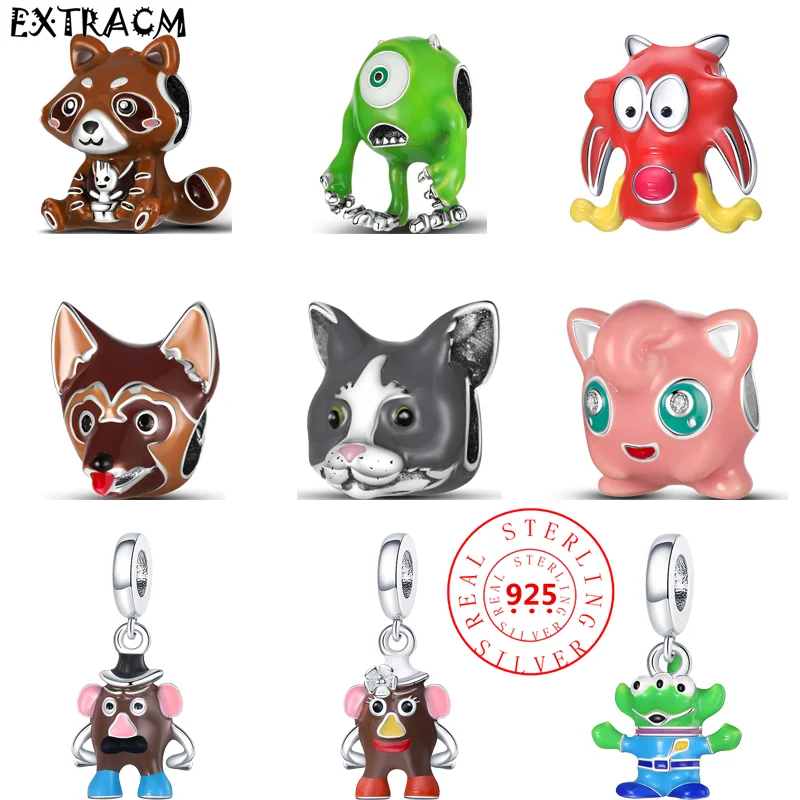 925 Sterling Silver Dog Cat Raccoon Big Eyes Cartoon Classic Fine Beads Fit Original Pandora Charms Bracelets DIY Ladies Jewelry