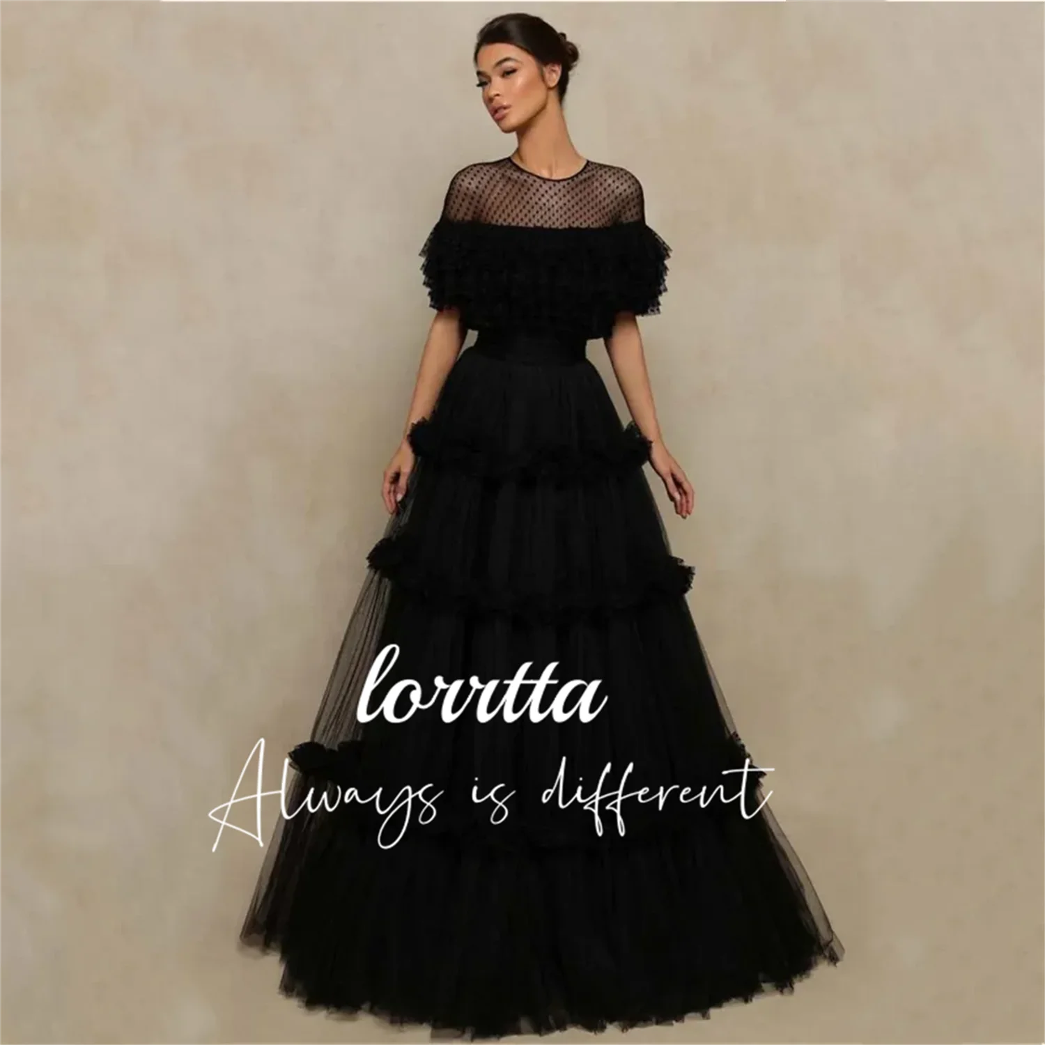 

Lorrtta Tulle Floor-length Black Party Dress Round Neck Folds Graduation Ceremony فساتين طويلة Vestidos Elegantes Para Mujeres