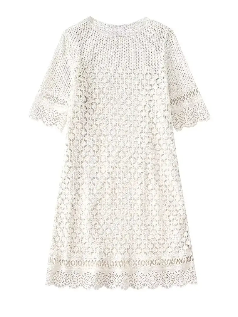 

Summer Women's White Cutout Design Plaid Knitted Round Neck Half Sleeve Long Dress Sexy Chic British Style
