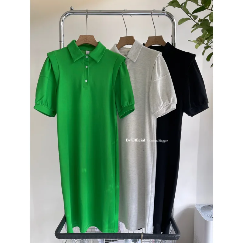 

Solid Short Puff Sleeve Polo's Neck Button Up T Shirt Dress Gray Green Black Summer Casual Women Midi Dress