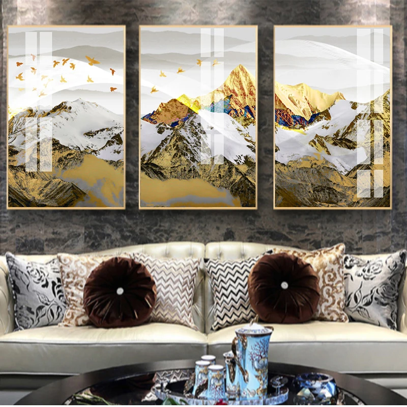 

Golden Mountain Snow Landscape Painting Gold Foil Bird Canvas Painting Nordic Abstract Luxury Painting For Living Room Decor