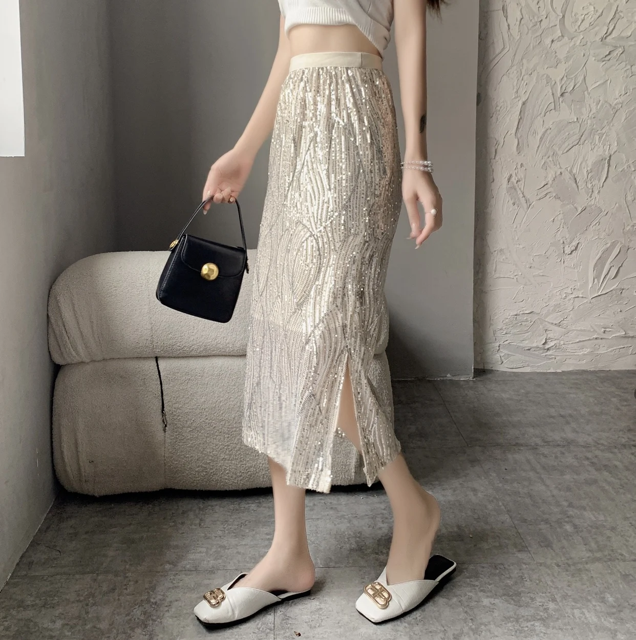 

Sequins Summer Split Long Skirts Women Elastic Waist Vintage Elegant Bodycorn Skirt Designer Slim Office Midi Skirt Straight