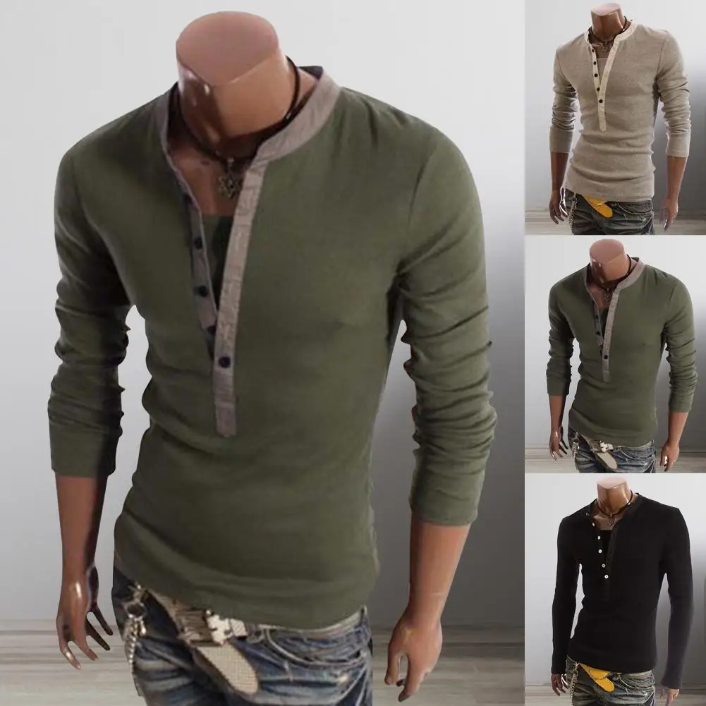 

B2813 Cotton T Shirt Men Solid Color Tshirt Single-breasted Collar Long Sleeve
