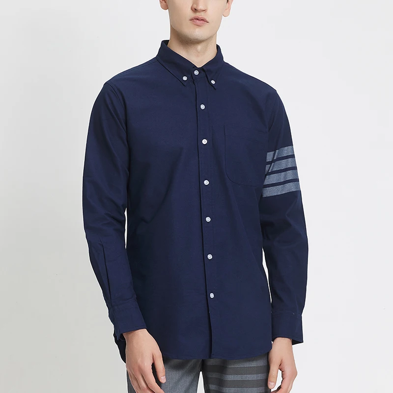 

TB THOM Shirts And Blouses 2023 Spring Fashion Brand Navy Men's Shirt Gray 4-bar Stripe Casual Cotton Oxford Slim Tops