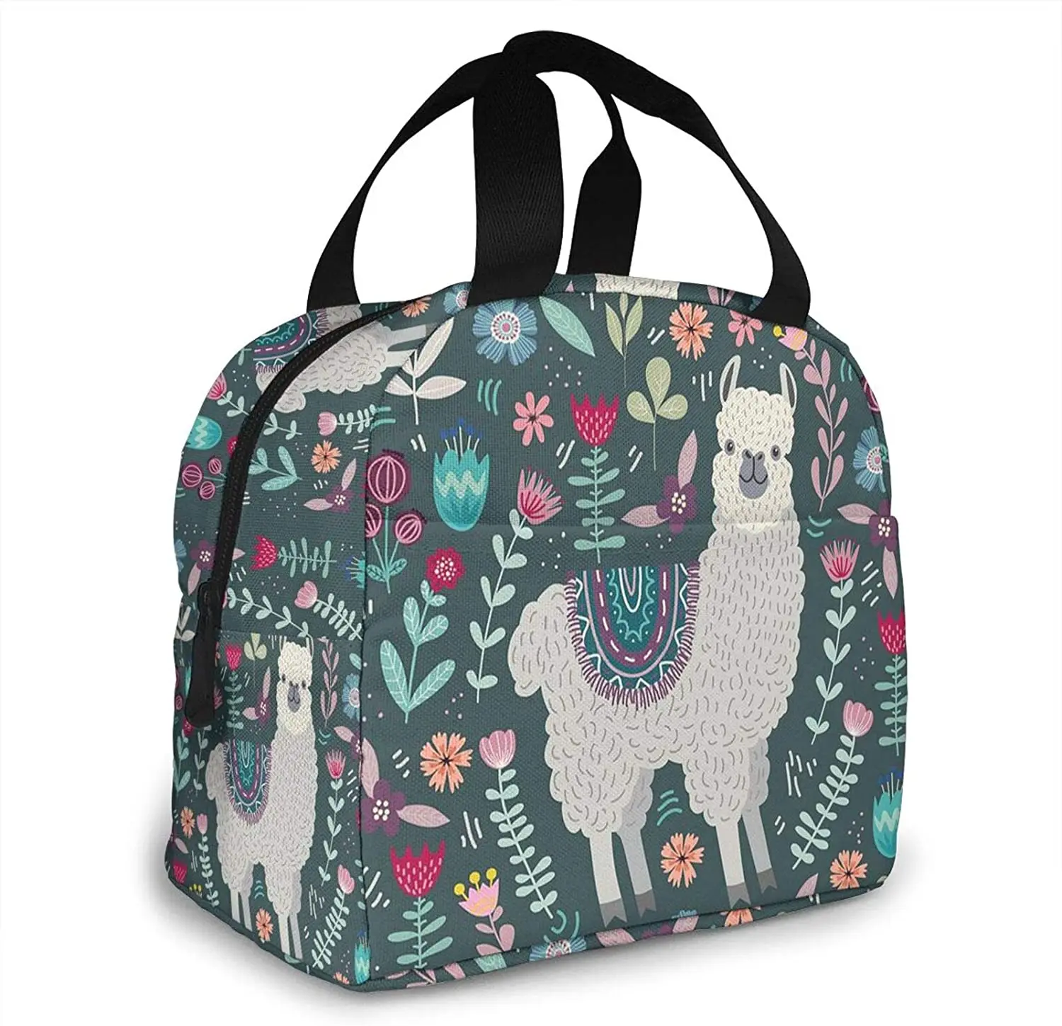 

Floral Llama Lunch Bag for Women Insulated Lunch Box with Front Pocket for Work Reusable Cooler Tote Bag for Picnic Hiking Beach