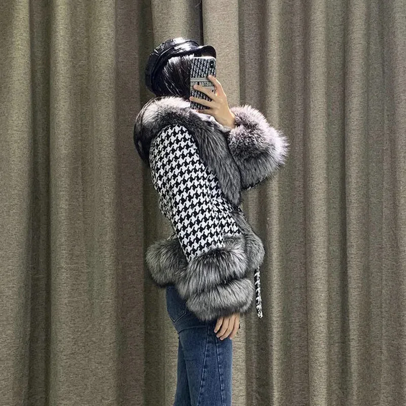 Fur Coat Women's 2022 Autumn Winter New Young Style Short Houndstooth Imitation Silver Fox Fur Warm Plush Faux Fur Coats Female