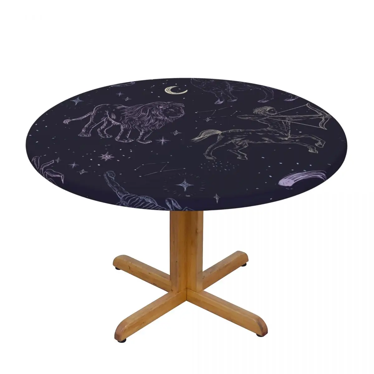 

Round Table Cover Cloth Protector Polyester Tablecloth Hand Drawn Zodiac Fitted Table Cover with Elastic Edged