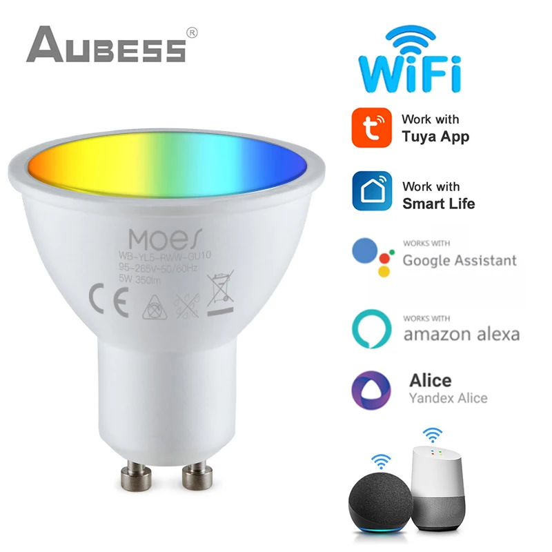Tuya GU10 WiFi Smart Light LED Bulbs RGBCW 5W Dimmable Lamps Smart Life Remote Contro Work With Alexa Google Home Yandex Alice