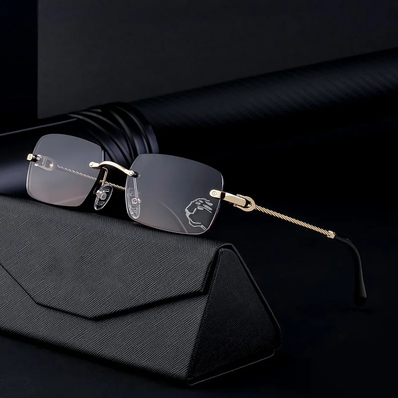 

New Man Rimless Glasses Fashion Personalized Rectangle Metal Mirror Leg Sun Glasses High Quality Men Driving Sunglasses Shades