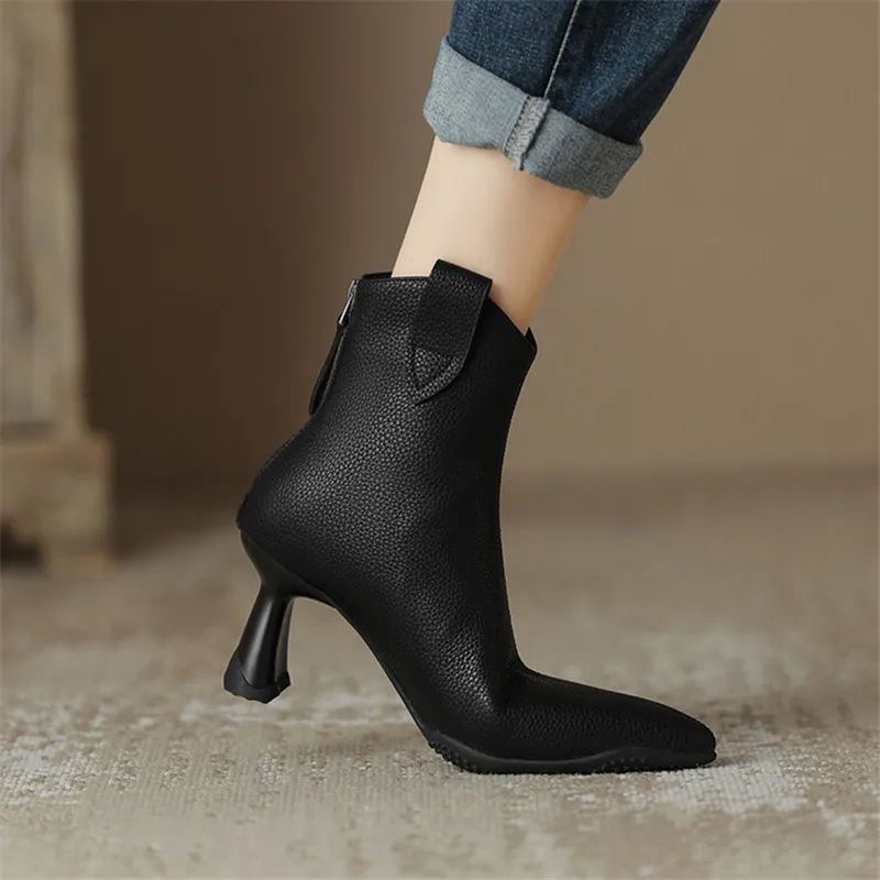 w jesienno-zimowych kobiet Krótkie buty ze skóry bydlęcej dla Modne szpiczastym noskiem Buty damskie na wysokim obcasie Chelsea