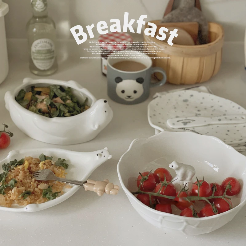 

Japanese Polar Bear Oval Plate Salad Bowl Rice Bowl Soup Bowl Ceramic Tableware Wood Bowl