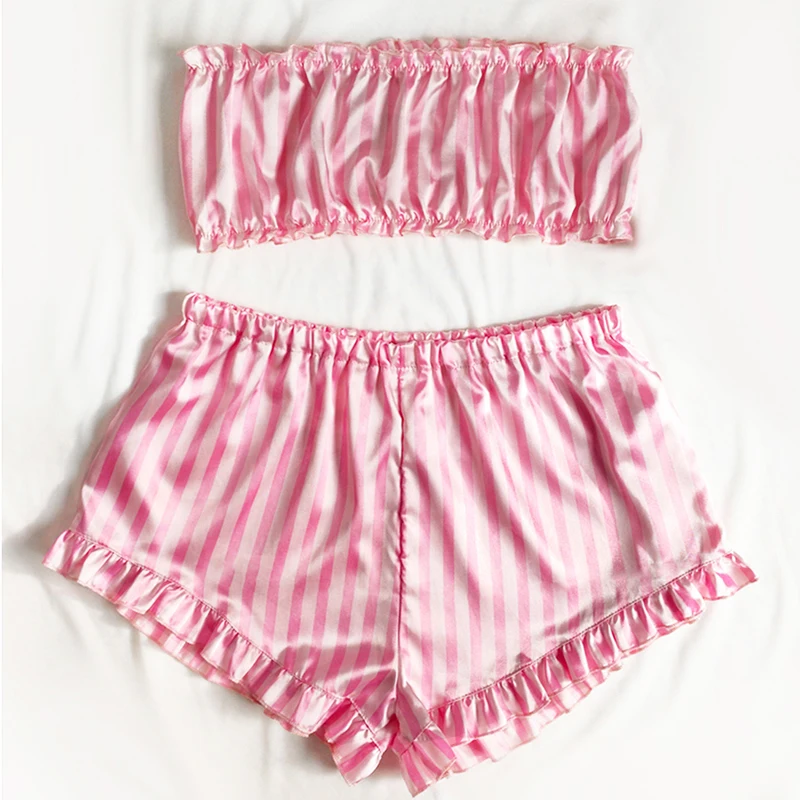 Комплект летней атласной пижамы из 2 предметов пижама в розовую и белую полоску