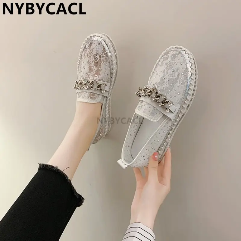 Luxury Diamonds Round Toe Summer Mesh Breathable Flats Crystals Chain Shoes Women Couple Platform Fashion Loafers Plus Size 43