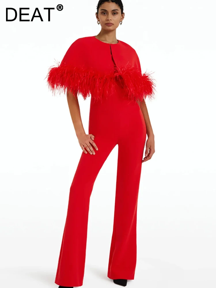 

Женские вечерние комбинезоны без рукавов DEAT, облегающие Лоскутные Комбинезоны с круглым вырезом и шалью и перьями, лето 2023, новинка 13DB3478