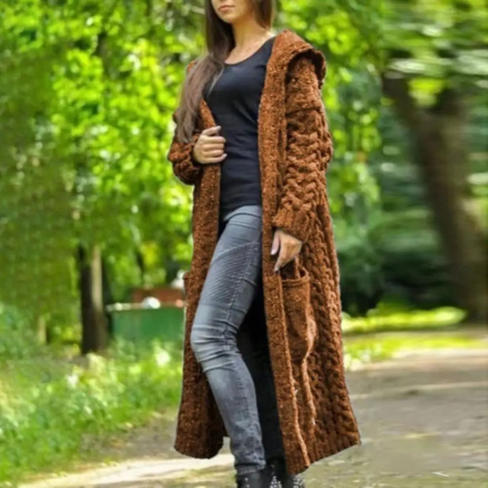 

Women Long Sleeve Two Pockets Open Stitch Sweater Coat Autumn Winter Solid Color Hooded Ankle-Length Knitted Cardigan Outerwear