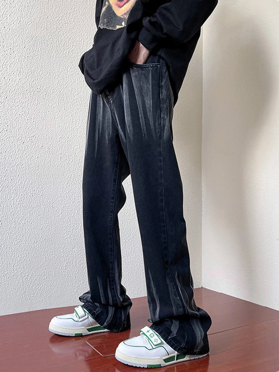 European and American Men's Fashion Trend High Street Tie-dye Micro-flare Black Jeans Men's Loose Straight Wide-leg Pants Denim