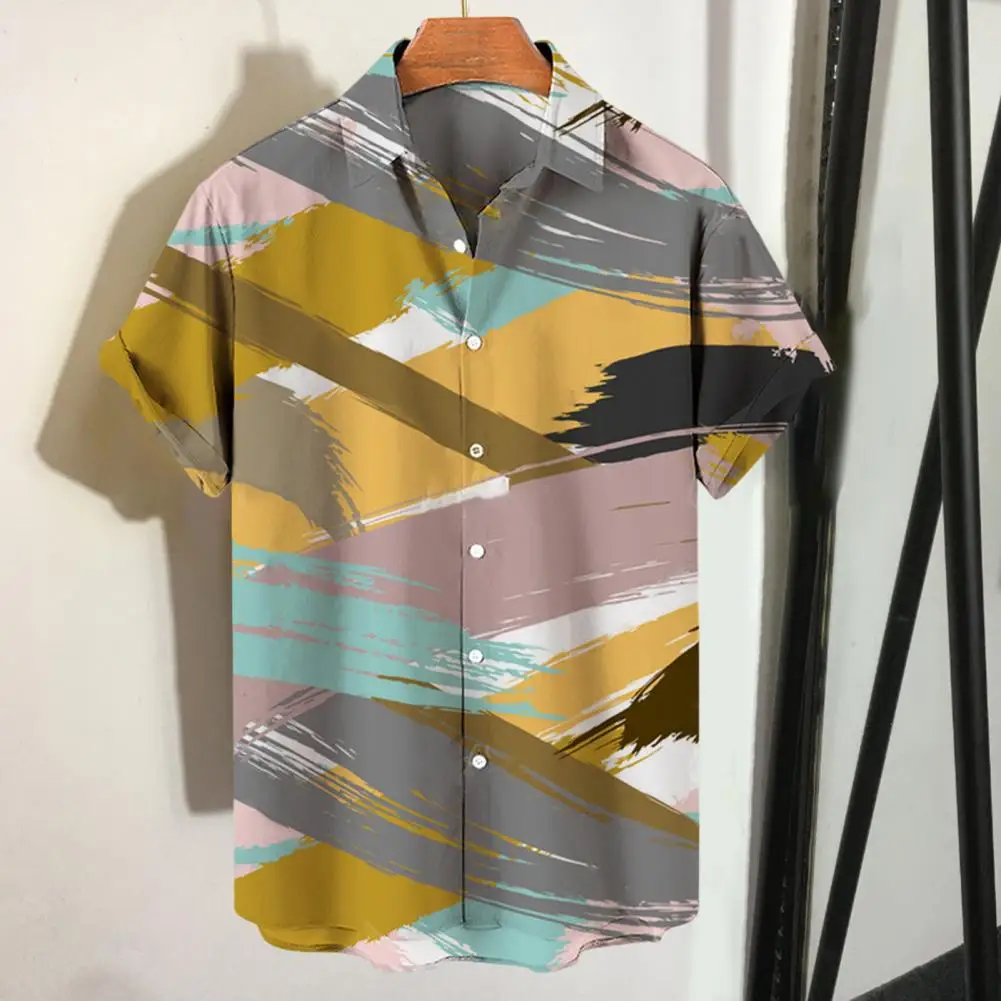 

Men Shirt Single-breasted Cardigan Colorful Buttons Turn-down Collar Rich Colors Graffiti Print Short Sleeves Tops Beachwear
