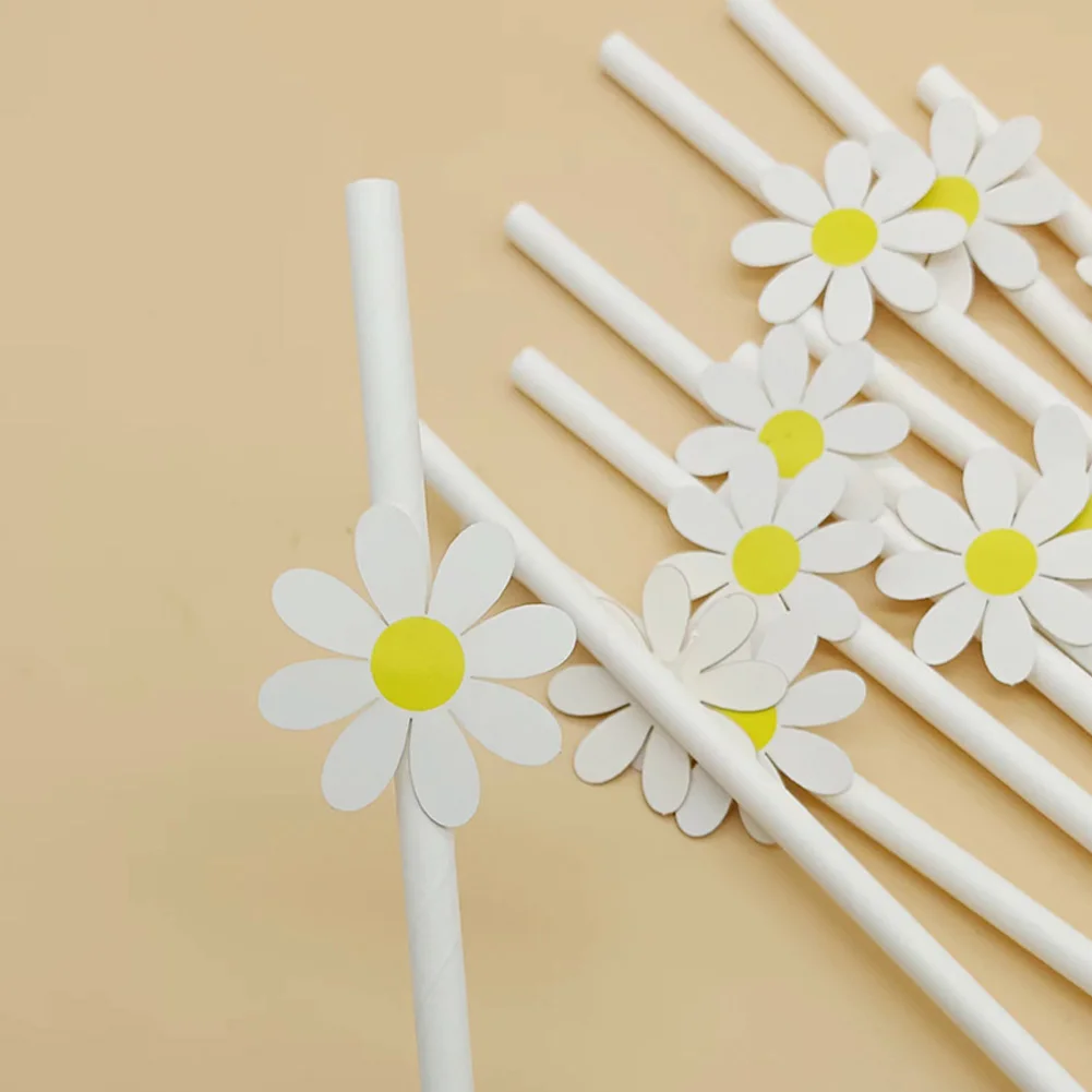 

Multi-purpose Disposable Daisy Pattern Paper Straw Birthday Cocktail Milk Juice Decoration Drink Bubble Tea Straw For Kids 30Pcs