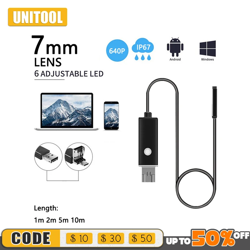 

7mm Endoscope Camera 1m 2m 5m 10m Flexible IP67 Waterproof Micro USB Inspection 6LEDs Adjustable Borescope Camera for Android PC