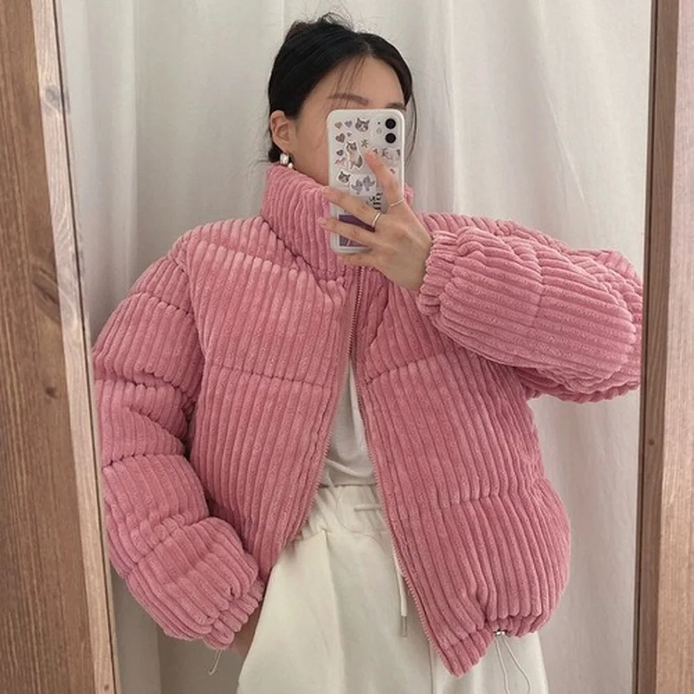 

Women's Parka Coat Chic Autumn and Winter All-match Warm Pink Stand Collar Loose Striped Corduroy Cotton Short Coat for Women